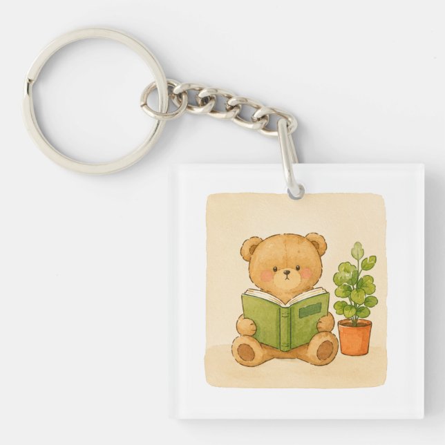 Cozy Teddy Bear Reading Book Keychain (Front)