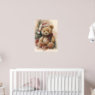 Cozy Teddy Bear with Santa Hat and Christmas Tree Poster
