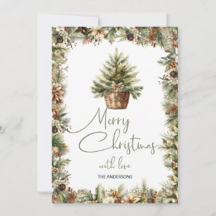Cozy terracotta and sage Christmas tree in sack Holiday Card
