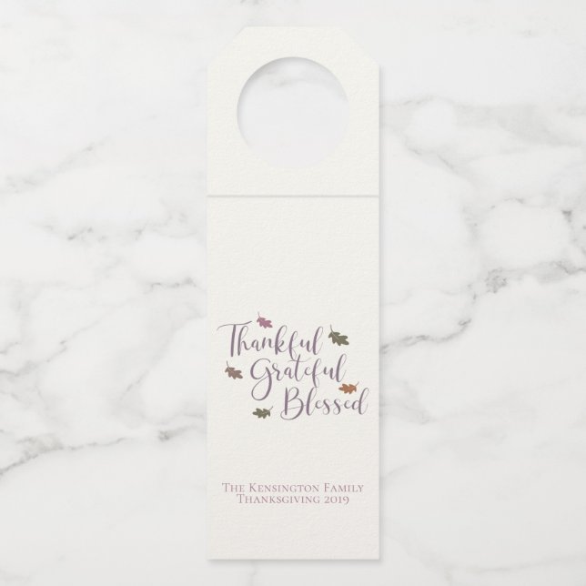 Cozy Thankful Grateful Blessed Thanksgiving Leaves Bottle Tag (Front)