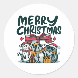 Cozy Trio Critters Christmas Cheer & Gifts Classic Round Sticker