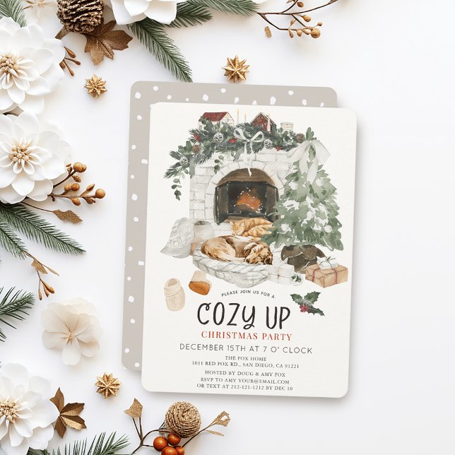Cozy Up Fireplace Cat Dog Christmas Holiday Party Invitation (Creator Uploaded)