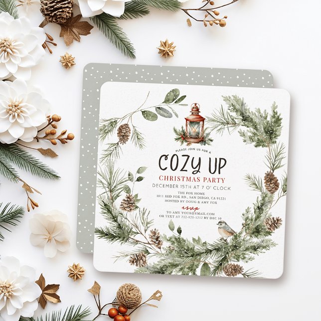 Cozy Up Greenery Wreath Christmas Holiday Party Invitation (Creator Uploaded)