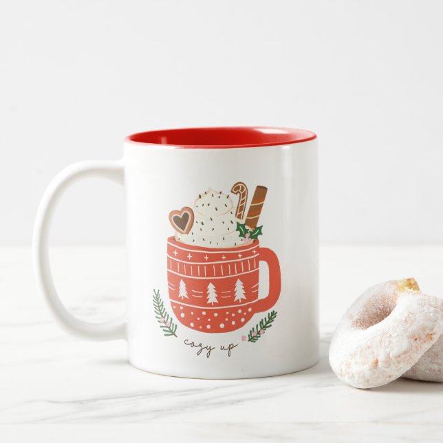 Cozy Up hot chocolate Christmas  Two-Tone Coffee Mug (With Donut)