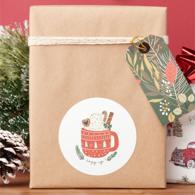 Cozy Up Hot Cocoa Mug Christmas Holiday Classic Round Sticker (Holiday)