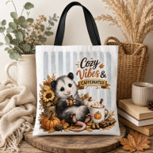 Cozy Vibes & Caffeinated Opossum Tote Bag | Cute F