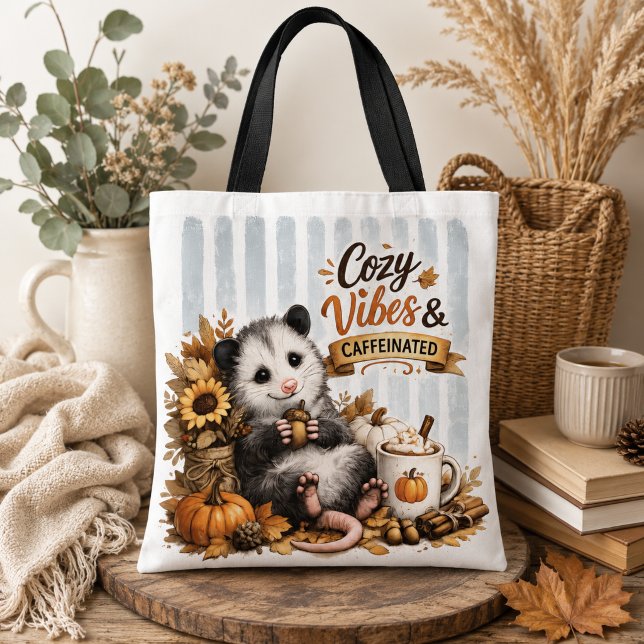 Cozy Vibes & Caffeinated Opossum Tote Bag | Cute F (Creator Uploaded)