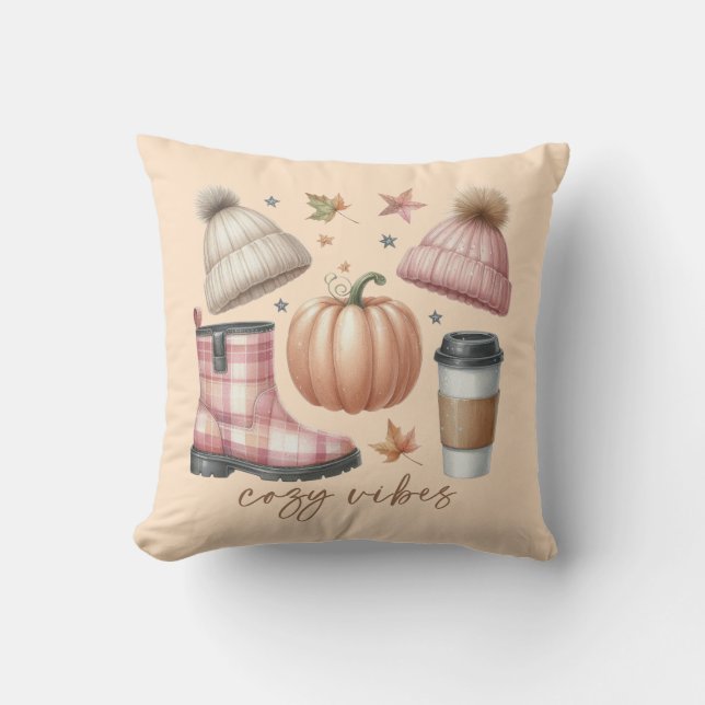 Cozy Vibes Fall-Themed Throw Pillow (Front)