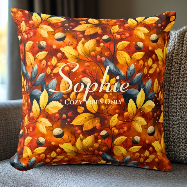 Cozy Vibes Only Autumn Leaves | Fall Home Decor Throw Pillow (Creator Uploaded)
