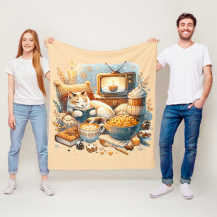 Cozy Vibes Only: Cat, Book, Mac & Cheese, Coffee Fleece Blanket