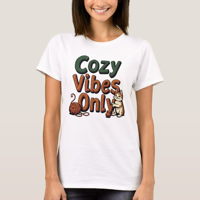 Cozy Vibes Only - Knitted Text with Playful Cat T-Shirt (Front)