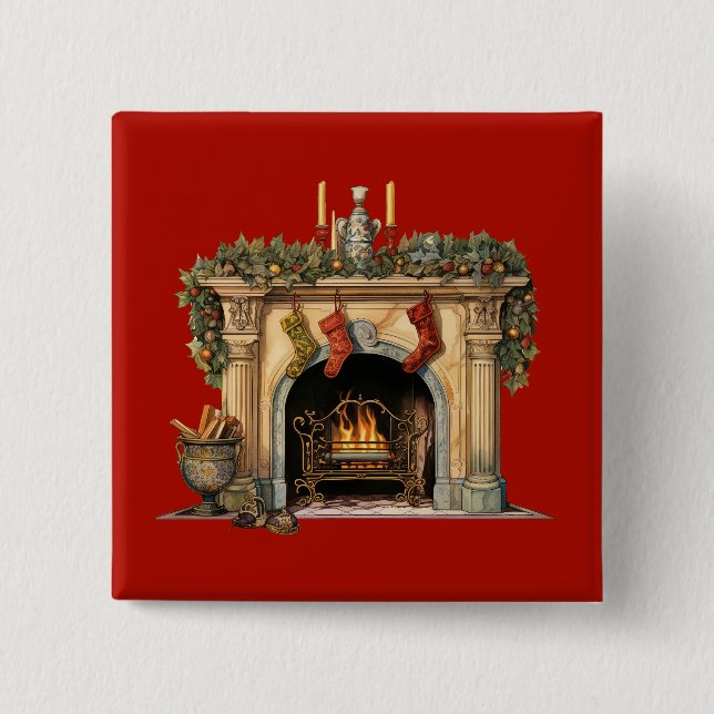 Cozy Victorian Fireplace Christmas 2 Inch Square Button (Front)