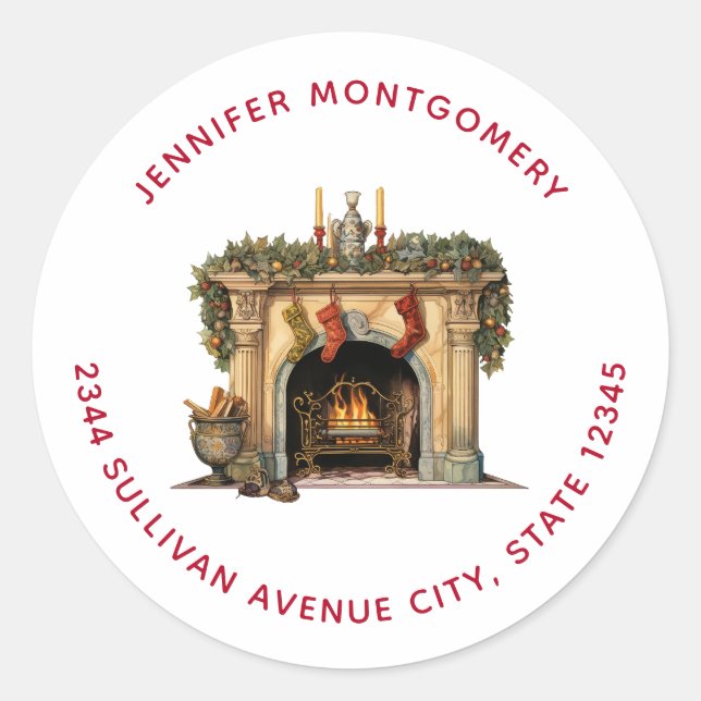 Cozy Victorian Fireplace Christmas - Address Classic Round Sticker (Front)