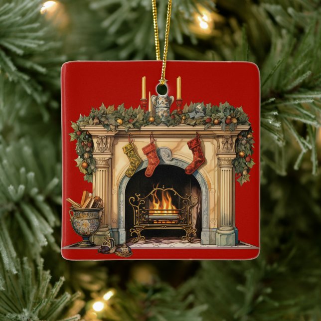 Cozy Victorian Fireplace Christmas Ceramic Ornament (Tree)