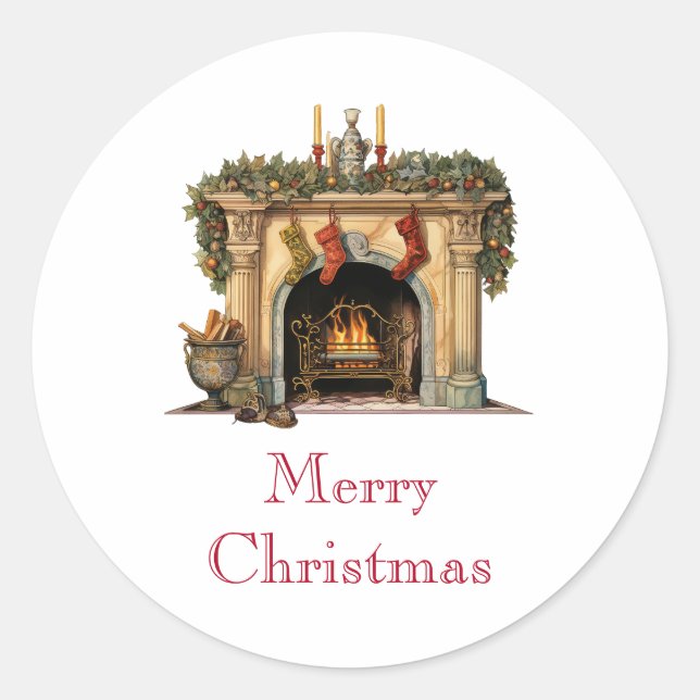 Cozy Victorian Fireplace Christmas Classic Round Sticker (Front)