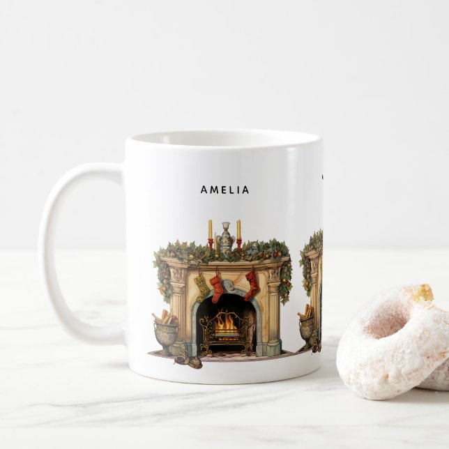 Cozy Victorian Fireplace Christmas Coffee Mug (With Donut)