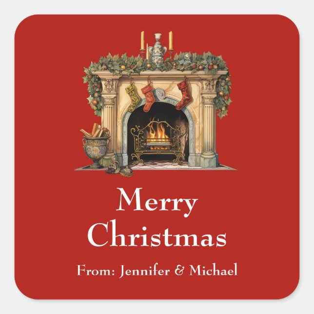 Cozy Victorian Fireplace Christmas Gift Square Sticker (Front)