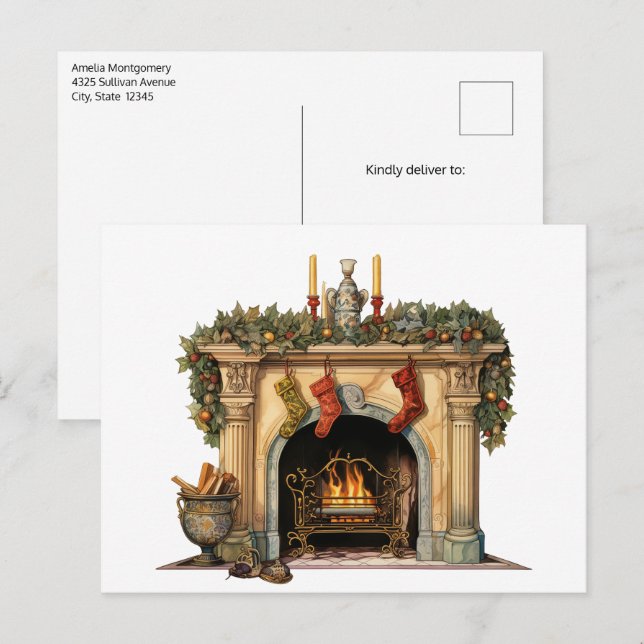 Cozy Victorian Fireplace Christmas Holiday Postcard (Front/Back)
