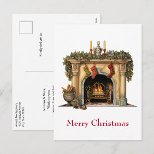 Cozy Victorian Fireplace Christmas Holiday Postcard