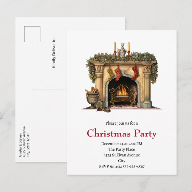 Cozy Victorian Fireplace Christmas Invitation Postcard (Front/Back)