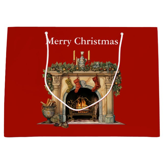 Cozy Victorian Fireplace Christmas Large Gift Bag (Front)