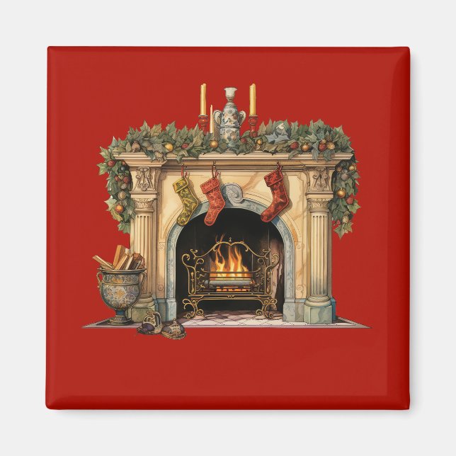 Cozy Victorian Fireplace Christmas Magnet (Front)