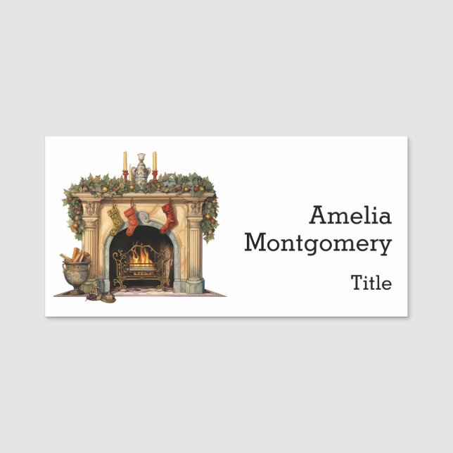 Cozy Victorian Fireplace Christmas Name Tag (Front)