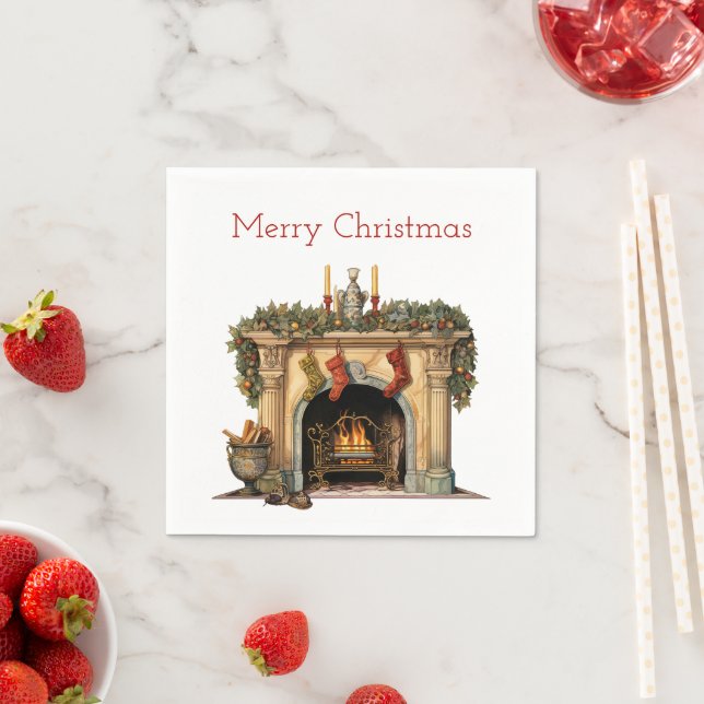 Cozy Victorian Fireplace Christmas Napkin (Insitu)