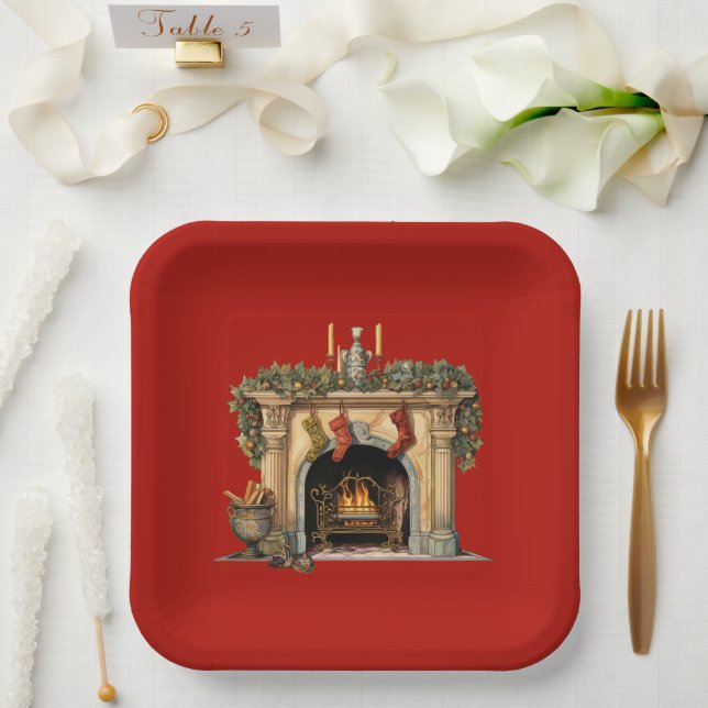Cozy Victorian Fireplace Christmas Paper Plate (Wedding)