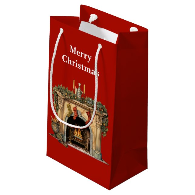 Cozy Victorian Fireplace Christmas Small Gift Bag (Back Angled)