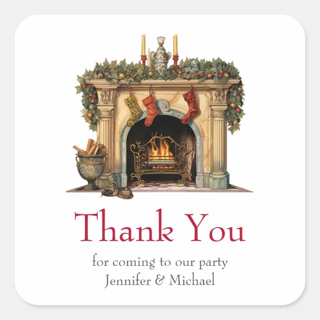 Cozy Victorian Fireplace Christmas Thank You Square Sticker (Front)