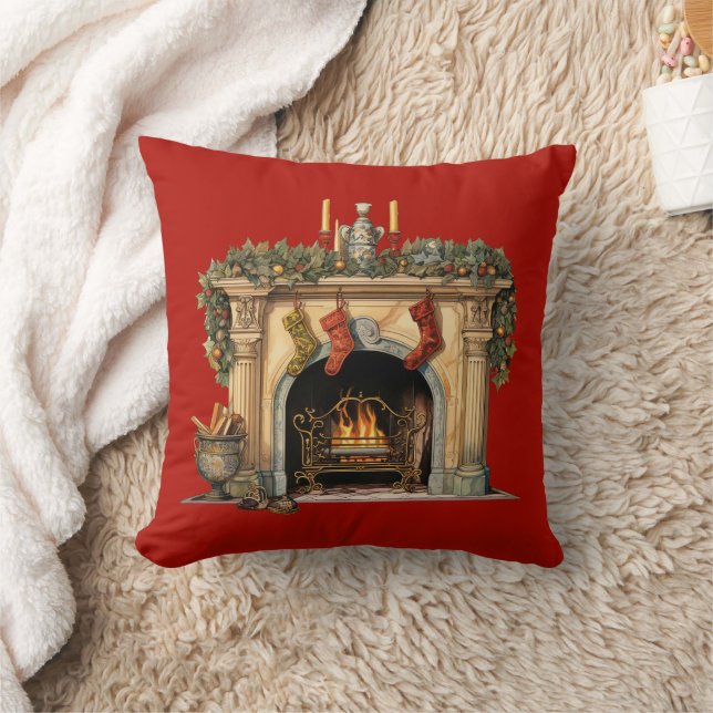 Cozy Victorian Fireplace Christmas Throw Pillow (Blanket)
