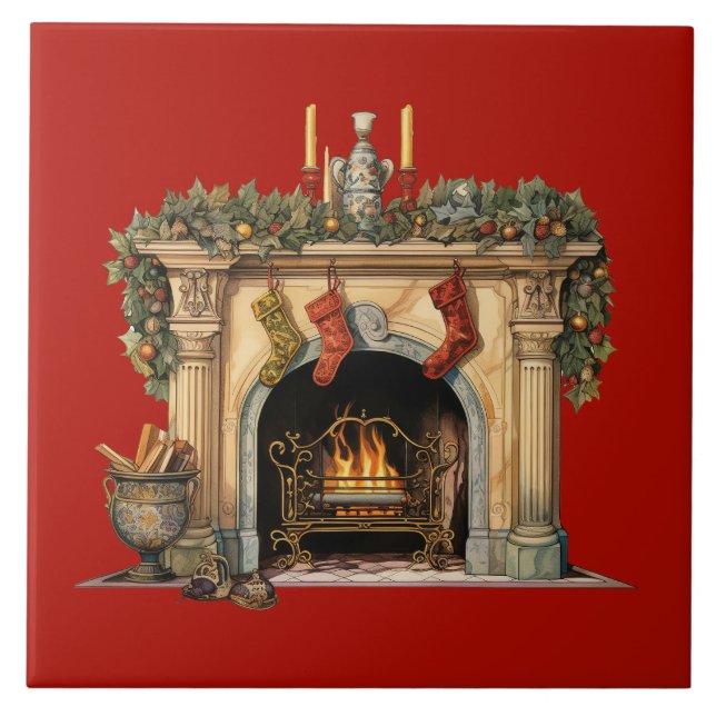 Cozy Victorian Fireplace Christmas Tile (Front)