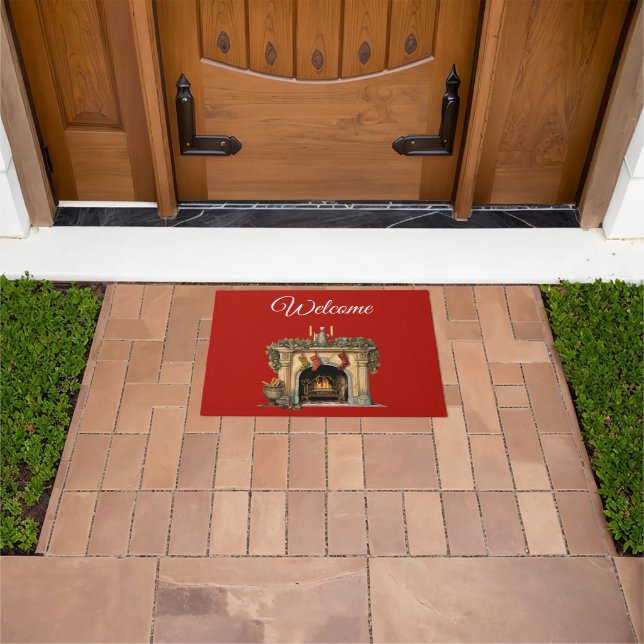Cozy Victorian Fireplace Christmas Welcome Doormat (Outdoor)