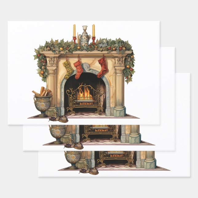 Cozy Victorian Fireplace Christmas Wrapping Paper Sheet (Set)