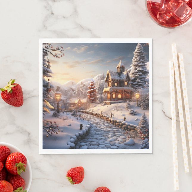 Cozy Village at Christmas illustration Napkin (Insitu)