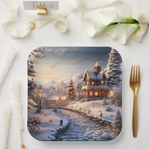 Cozy Village at Christmas illustration Paper Plate