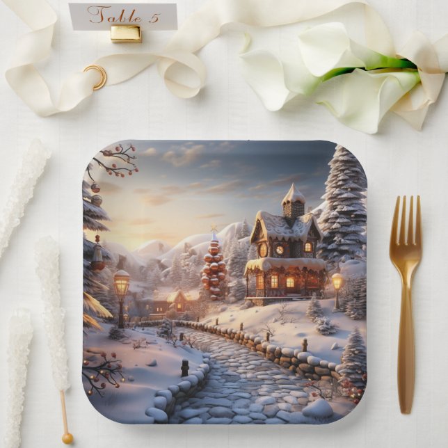 Cozy Village at Christmas illustration Paper Plate (Wedding)