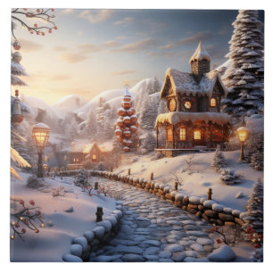 Cozy Village at Christmas illustration Tile