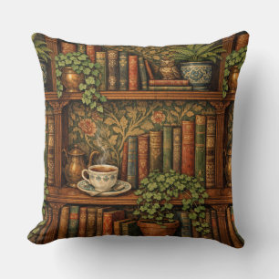 Cozy vintage book shelf tea coffee botanicals throw pillow