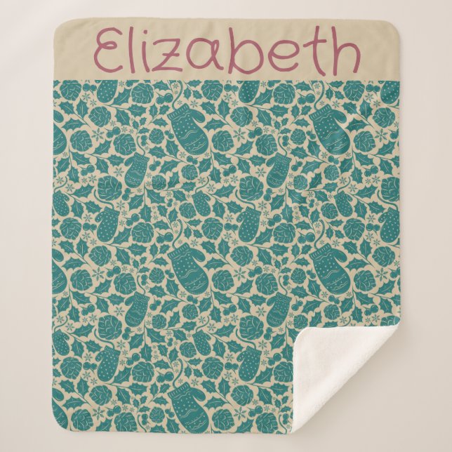 Cozy Vintage Christmas Blue Mitten Pattern Sherpa Blanket (Front)