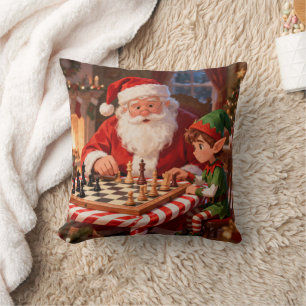 Cozy Vintage Christmas Santa and Elf Playing Chess Throw Pillow