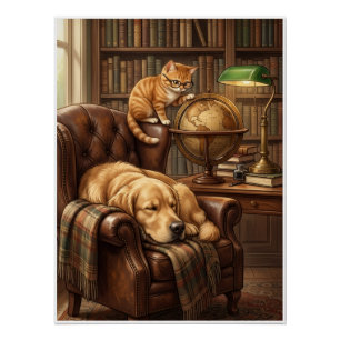 Cozy Vintage Library Dog And Cat Study Fleece Blan Poster