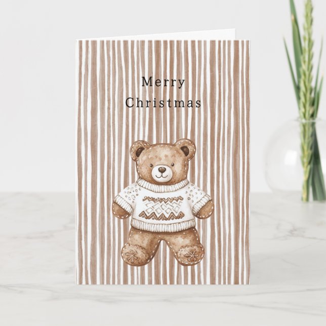 Cozy Warm Christmas Cute Happy Teddy Bear Stripes Card (Front)