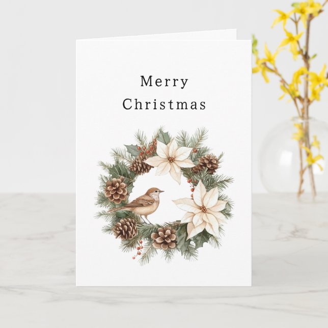 Cozy Warm Christmas Poinsettia Pine Cones Bird Card (Yellow Flower)