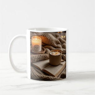 Cozy warm evening candles and blanket coffee mug