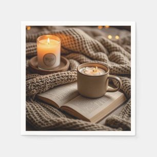 Cozy warm evening candles and blanket napkin