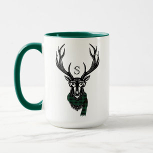 Cozy & Warm   Green Buffalo Plaid Deer Monogram Mug