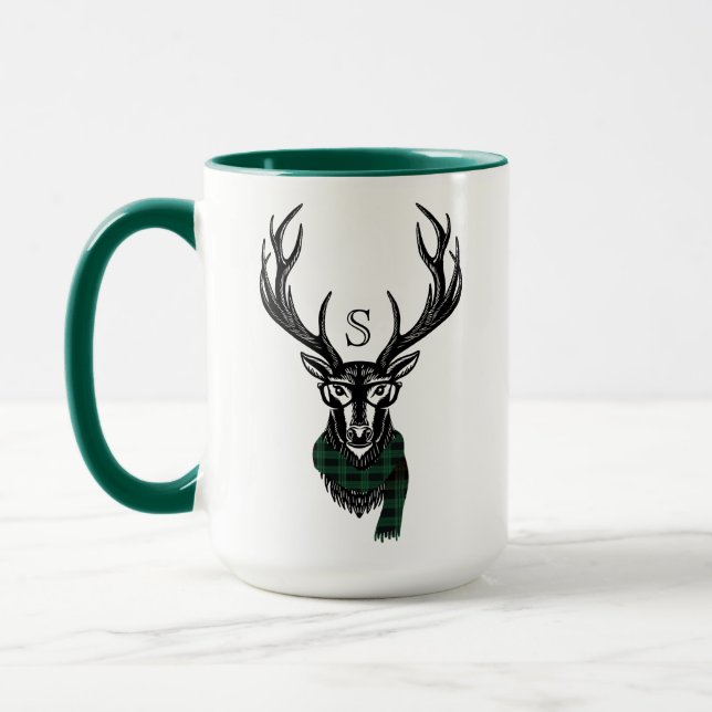 Cozy & Warm | Green Buffalo Plaid Deer Monogram Mug (Left)