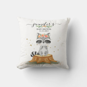 Cozy Warm Grey Watercolor Raccoon Baby Shower Throw Pillow
